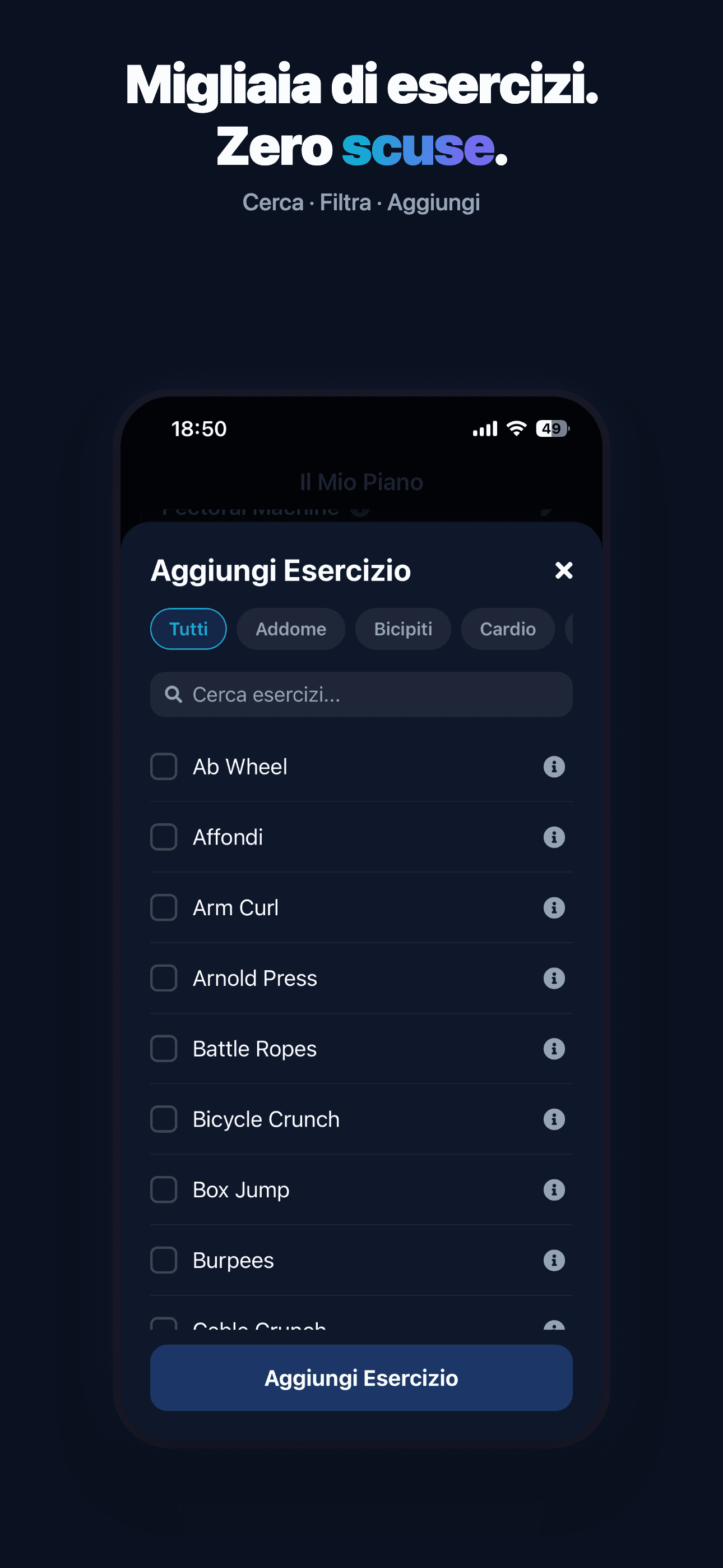 Shaper AI — aggiunta di un esercizio personalizzato al piano
