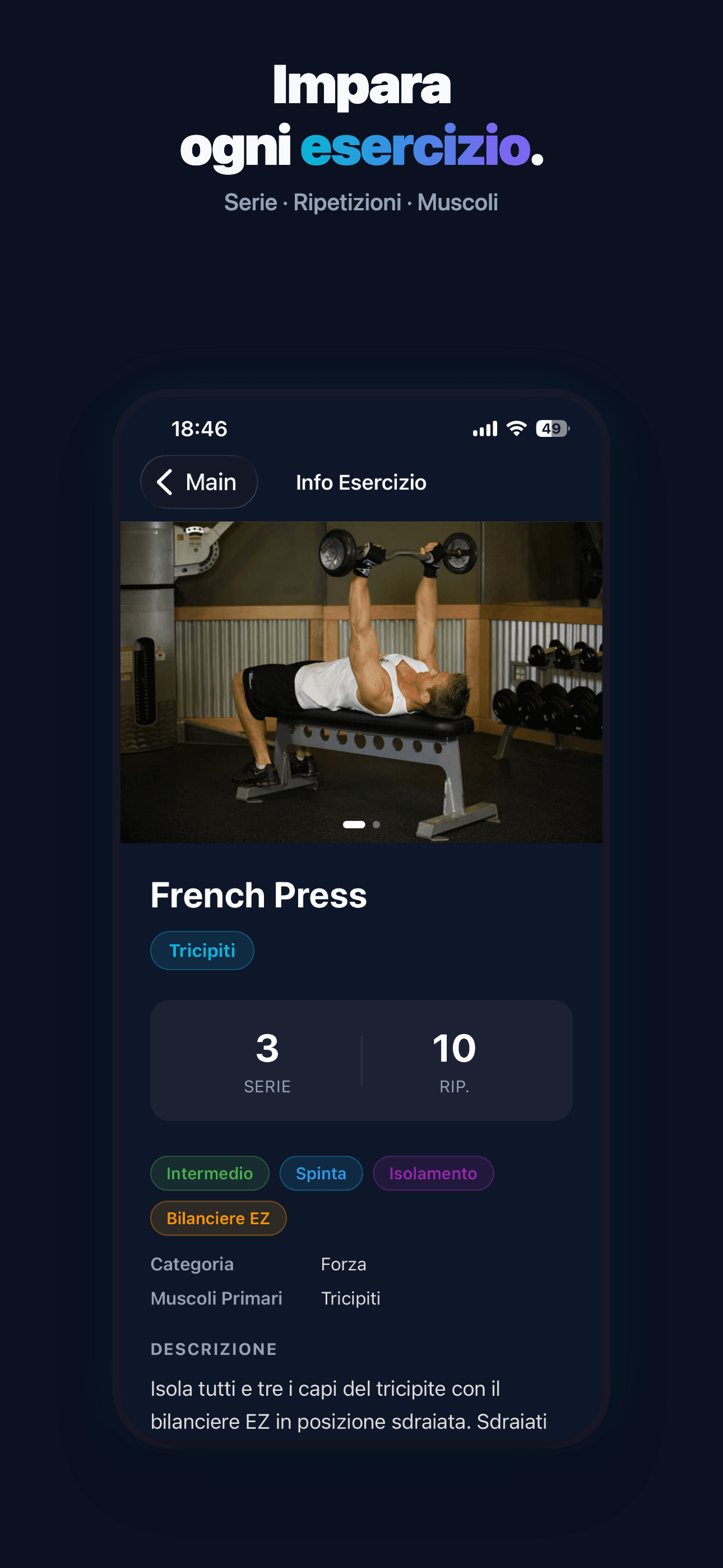 Shaper AI — dettaglio esercizio con performance precedente